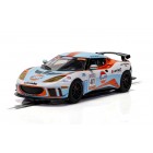Slot car of a Lotus Evora in Gulf livery for Scalextric C4183