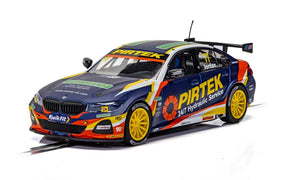Blue and yellow BMW race car model from the 2019 BTCC season for Scalextric C4194