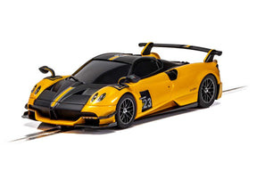 Yellow model car of a Pagani Huayra Roadster BC with black accents for Scalextric C4212