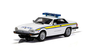 White police car model with blue light bar and "POLICE" lettering for Scalextric 1/32 Slot Car C4224