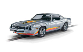Silver slot car of a classic Chevrolet Camaro Z28 sports car for Scalextric C4227, front view