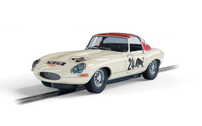 Scale model of a classic Jaguar E-Type race car on a track for Scalextric C4232