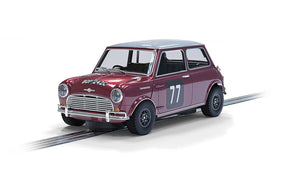 Red Mini Cooper race car model with "TEAM BROADSPEED" markings for Scalextric C4238