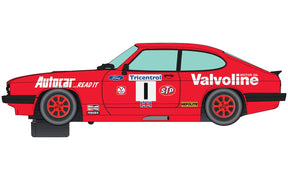 Red Ford Capri race car model with sponsor decals for Scalextric C4250