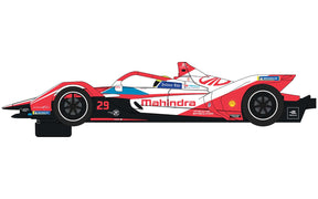 Red and black race car model for Formula E, featuring Mahindra branding for Scalextric C4285