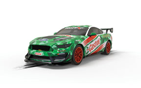 Green and red Ford Mustang race car model with sponsor decals for Scalextric C4327
