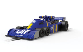 Blue and yellow model race car, Tyrrell P34, 1976 Spanish GP for Scalextric C4328