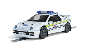 White police car model with blue light bar and checkered markings for Scalextric C4341