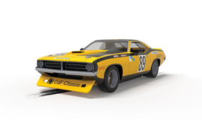 Yellow 1975 Hemicuda race car model with black accents for Scalextric C4345