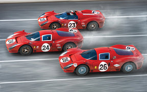 Three red race cars in a pack, speeding on a track for Scalextric C4446