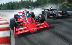 Two vintage race cars speed around a corner on a track for Scalextric C4392A