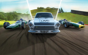 Three classic race cars speeding down a track for Scalextric C4395A