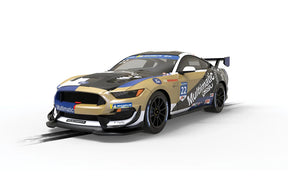 Ford Mustang GT4 race car model in black and gold livery for Scalextric C4403