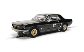 Black and gold slot car of a classic Ford Mustang race car for Scalextric C4405