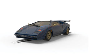 Blue and gold model car of a classic Lamborghini Countach sports car for Scalextric C4411