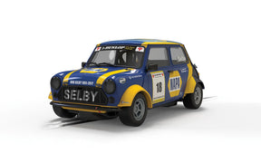 Blue and yellow Mini race car replica, featuring NAPA and Selby decals for Scalextric C4414