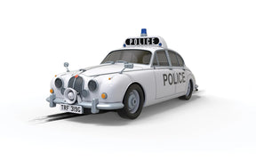 White police Jaguar MK2 slot car with "POLICE" lettering for Scalextric C4420
