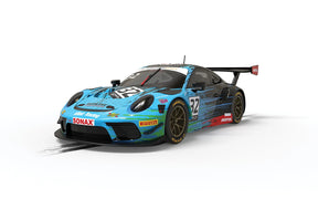 Slot car of a blue and black Porsche 911 GT3 R race car for Scalextric C4460