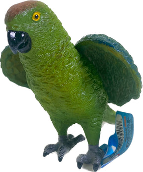 Green parrot toy, standing with spread wings, ready for play for Mamejo MAJ23202