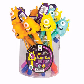 Assortment of bright, alien-themed UV spy pens in a clear container for Geddes 71536