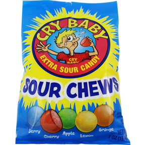 Sour candy bag featuring a cartoon character and various fruit flavors for Mountain Sweets CBCPB