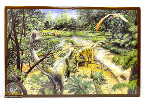 Three dinosaurs in a lush, prehistoric jungle setting near a stream for Timmy 60009 - 60013