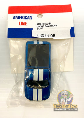 Blue Dodge Ram truck toy in clear plastic packaging with price tag for American Line B459