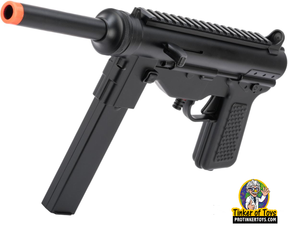Black airsoft SMG pistol with orange muzzle tip and magazine for Evike AP-M302F