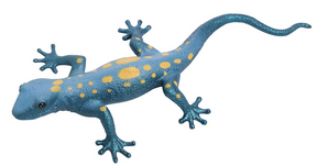 Blue squishy toy lizard with yellow spots, posed on white background for Toy Smith 1741
