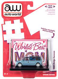 Second Chance AUTO WORLD WORLDS BEST MOM 1984 DODGE CARAVAN W/BASE & TRADING CARD (SILVER/BLUE)1:64 Diecast | AWAC017 | Round2