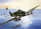 Italian bomber flies over water with a small boat nearby for Italeri Model. Co 1243