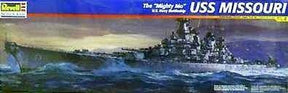 Warship model kit box art: USS Missouri battleship on rough seas for Revell 301