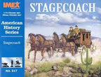 Stagecoach on the trail with horses and figures in a historical setting for IMEX 517