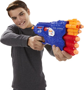 Young person smiles while holding a blue and orange foam dart blaster for Nerf B4619