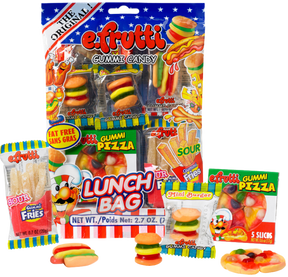 Assortment of gummy candy snacks in a lunch bag packaging for Nassau Candy 12204