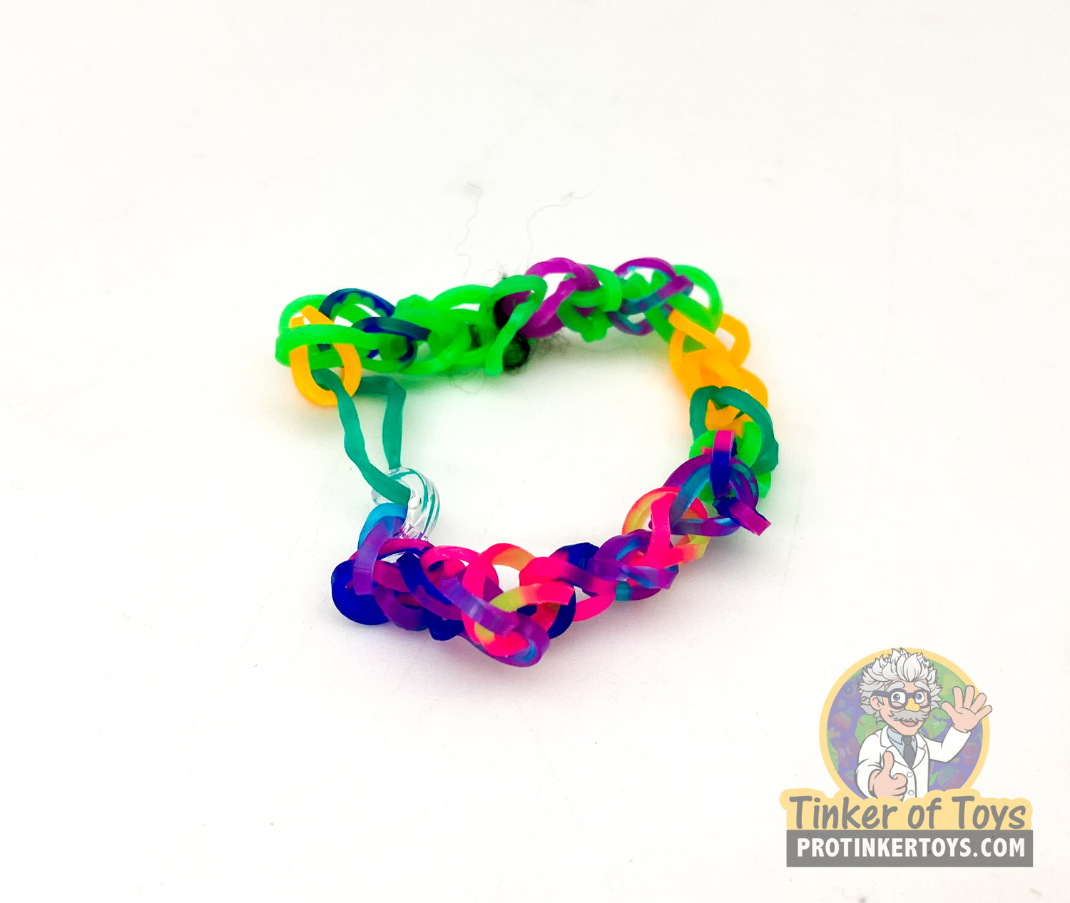 Colorful, braided rainbow loom bracelet with assorted bright colors