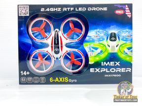 Drone box showing 2.4GHz RTF LED quadcopter with 6-axis gyro for IMEX IMX17600