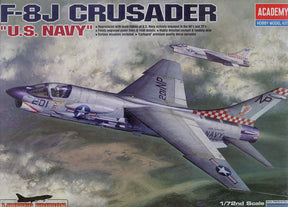 Model kit box art showing F-8J Crusader jet aircraft in flight for Academy 12412