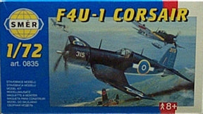 Scale model kit box art featuring a dark blue F4U-1 Corsair aircraft for SMER