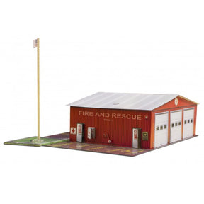 Model kit of a fire station with a flagpole on a base for Innovative Hobby Supply BK6414