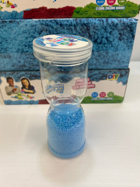 Blue, clear plastic hourglass filled with fine, blue, flowing sand for BVP 88477