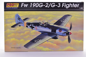 Model kit box art: German Fw 190 fighter plane in flight against a yellow sky for Revell 85-5949