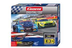 Race car set box featuring two race cars and track layout details for Carrera Digital 20030011