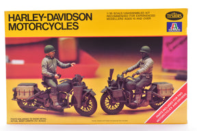 Two WWII motorcycle dioramas with riders, showing scale model kits for Testors Italeri Models 858