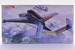 Model kit box art showing a He 162 "Salamander" aircraft in flight for DML Model Co 5508
