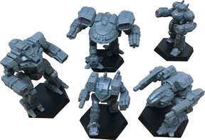Sci-fi mech miniatures in various poses on black bases for BattleTech 35728