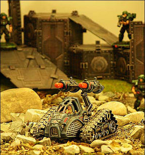 Miniature sci-fi robot tank on rocks near fortress models for Robogear 6004