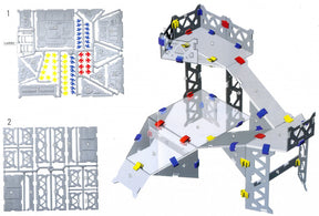 Construction set diagrams showing building steps and assembled structure for Robogear 6011