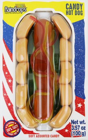 Assortment of soft, candy hot dogs in a clear plastic package for Nassau Candy 11900