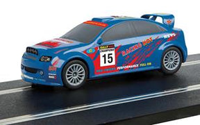 Blue rally car model with number 15 on a track for Scalextric C4115